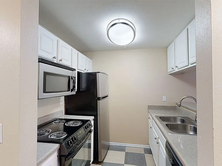 Apartment kitchen with stainless steel appliances in select homes.