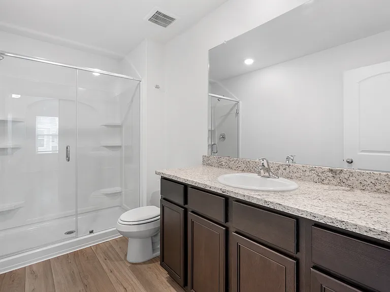 A step-in shower and spacious vanity in the master bathroom.
