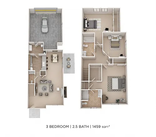 Floor plan Three Bedroom 2 Bath- 1459 sqft
