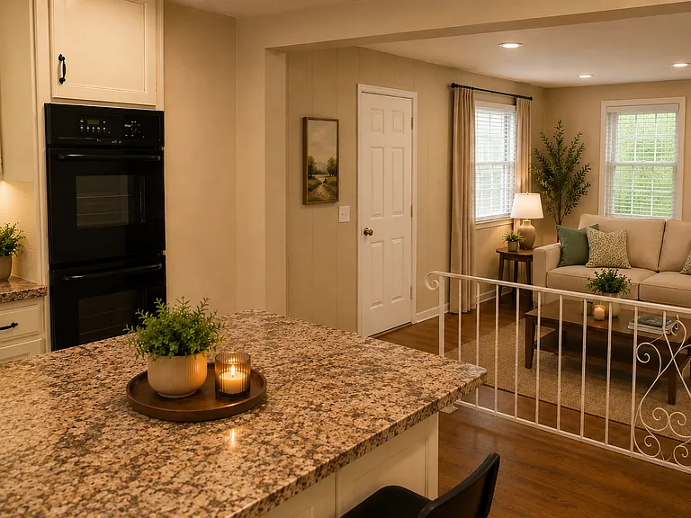 virtualy staged family room adjacent to the kitchen, family room is sunken