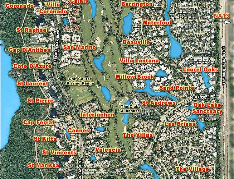 Pelican Bay map. Valencia is on the corner at the intersection of Pelican Bay Blvd. and Gulf Park Drive, lower middle of photo
