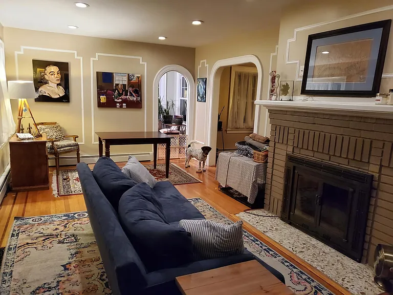 This is the shared living room with wood-burning fireplace and friendly dog.
