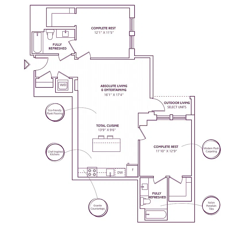 Floor plan 2 Bed - 2 Bath | B12