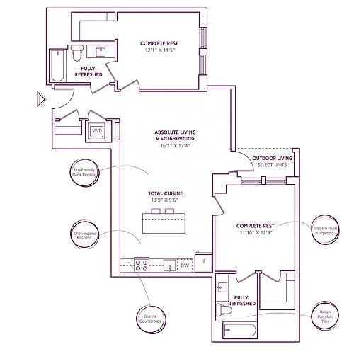 Floor plan 2 Bed - 2 Bath | B12