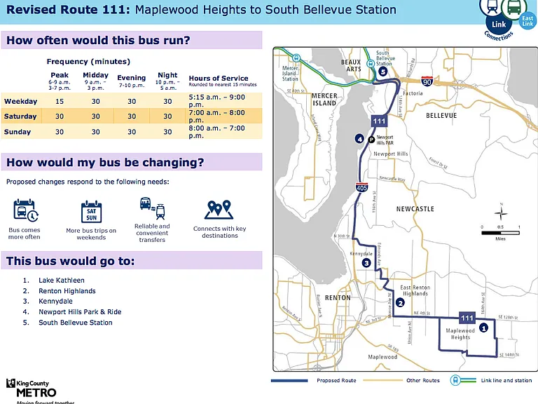 Starting August 29th, Metro 111 will provide all-day express service to the South Bellevue Link Light Rail Station from a bus stop about 1000 feet from this home. (Near the number 3 on this map)