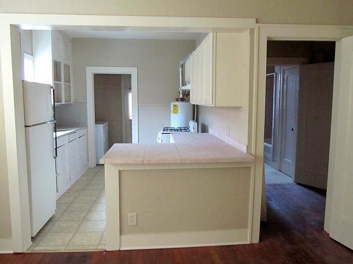 Kitchen which leads to back yard patio