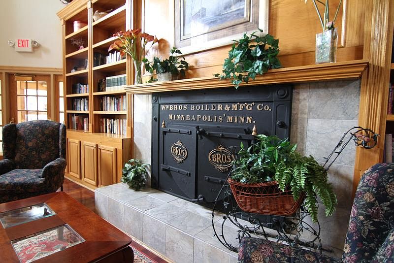 Building foyer with bookshelves