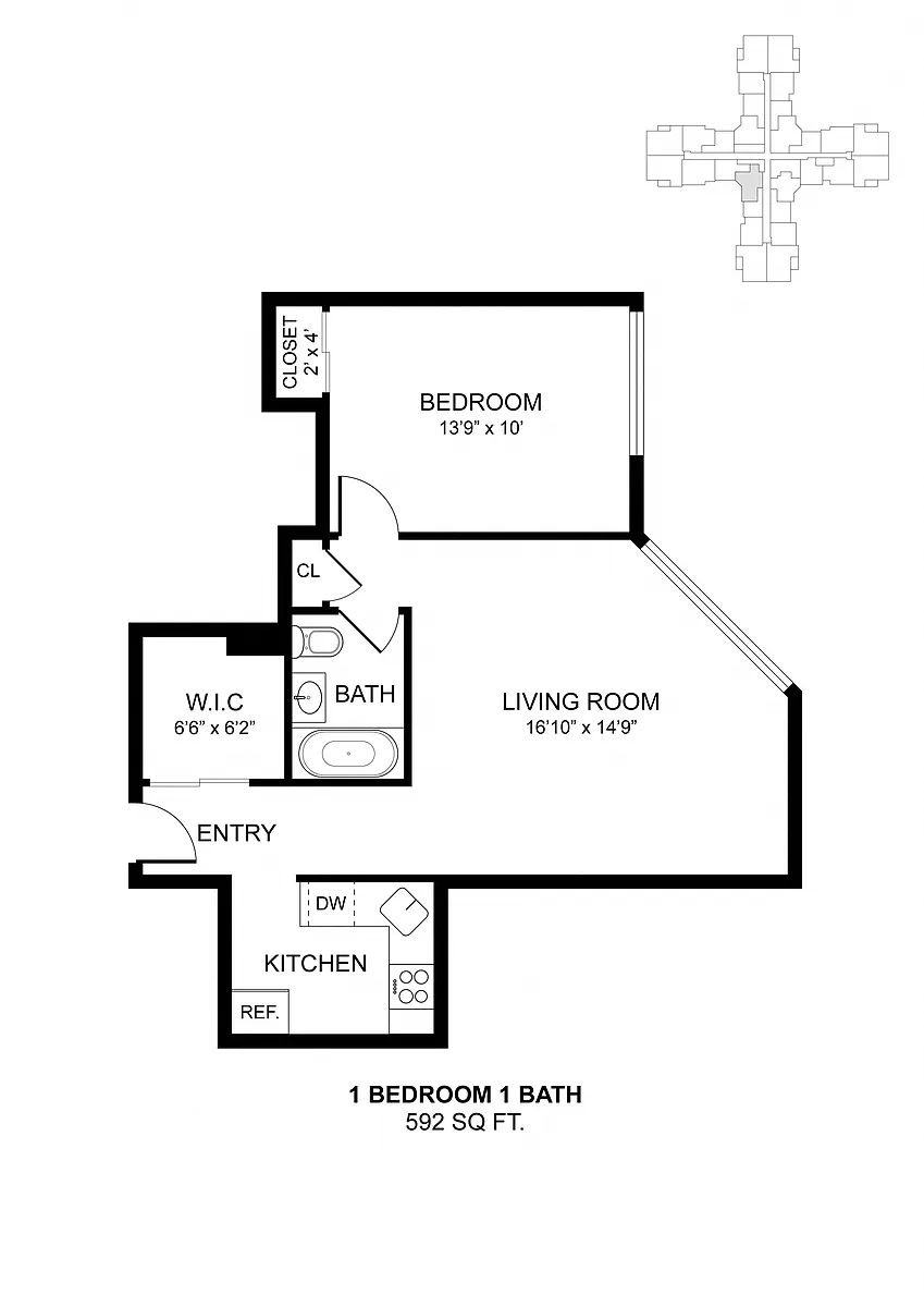 Floor plan 1 Bdrm 592 Sq Ft