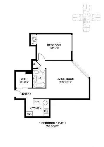 Floor plan 1 Bdrm 592 Sq Ft