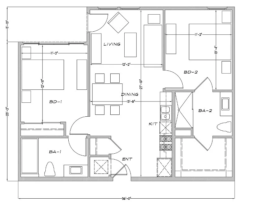 Floor plan 2 Primary Bedrooms - Private Huge Deck