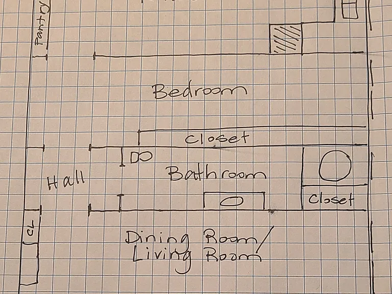 Floor plan and layout of 2nd floor living space.
Washer/dryer and storage room on 1st floor.