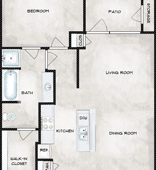 1 Bed 1 Bath B Floorplan Diagram