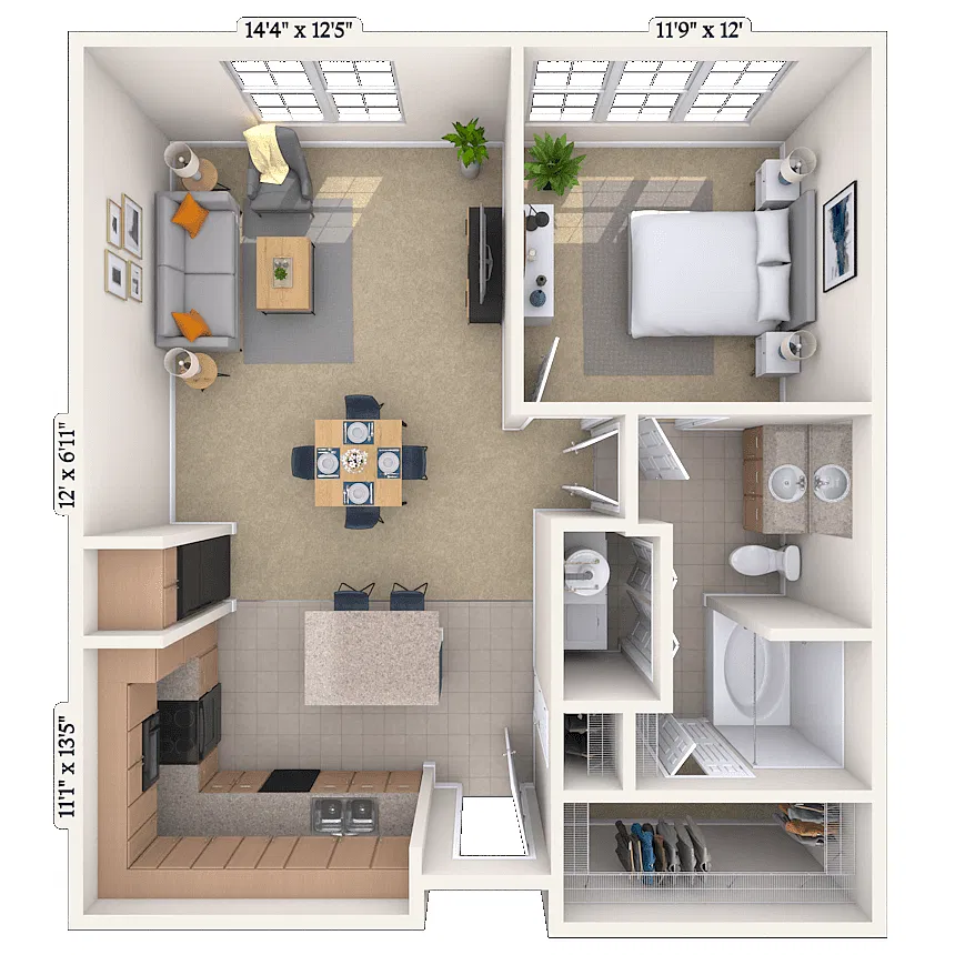 Floor plan Traditional 1x1 720-1082 SF
