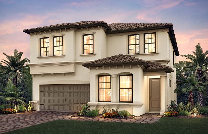 The Riverwalk, a two-story family home with a 2 car garage, shown with Home Exterior FM2A