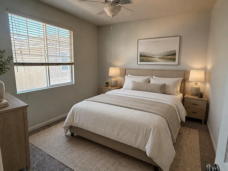 Bedroom 2 with Ceiling Fan, AI enhanced to show furniture.