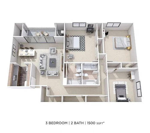 Floor plan Three Bedroom 2 Bath - 1,500 sqft