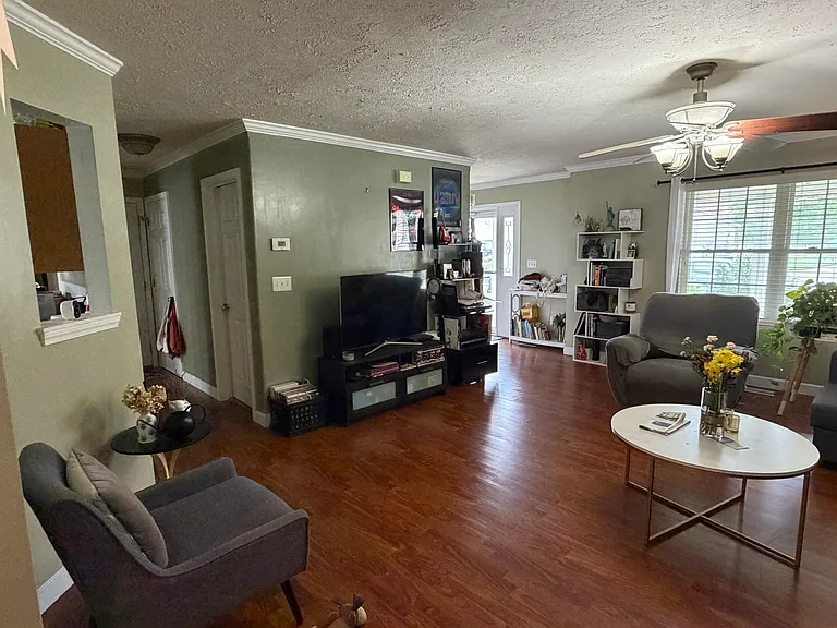 living room to front door and hall to bathroom and garage