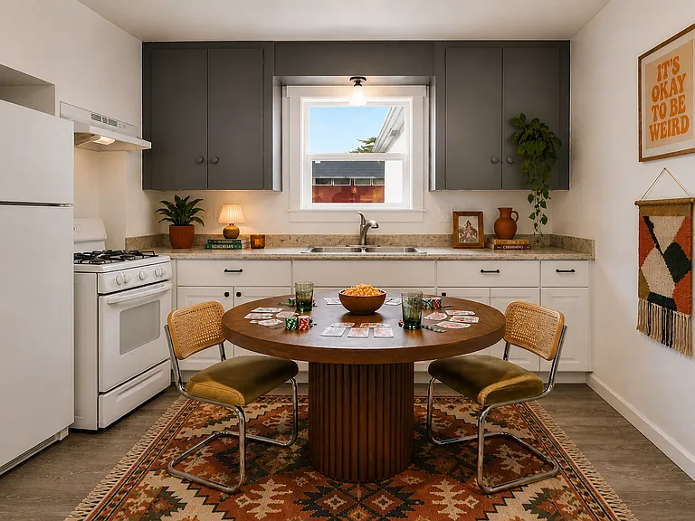 Kitchen and Dining. 

Images are virtually staged using AI to showcase the home's potential. Actual layout and finishes are accurate; furnishings are not included.