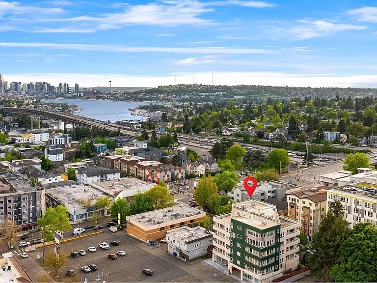 Aerial view of building. View of Lake Union.