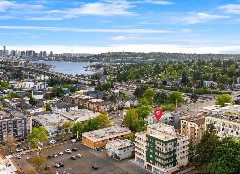 Aerial view of building. View of Lake Union.