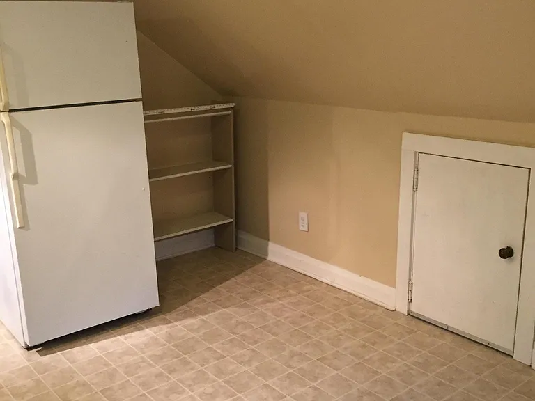 Kitchen refrig and shelving, lighted attic storage