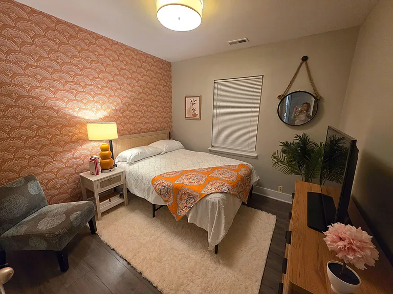 Boho Chic Styled Room. Full-size memory mattress, dresser, seating TC