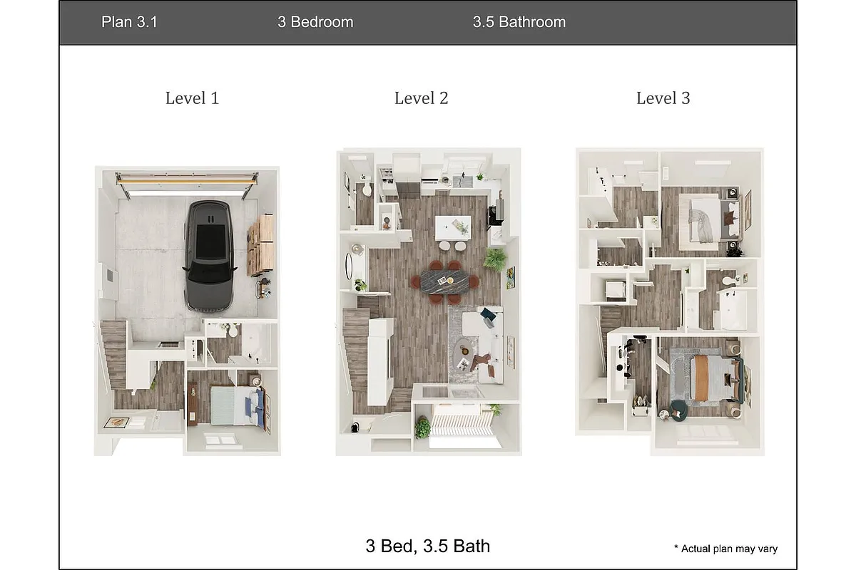 Floor plan 3 Bedroom, 3.5 Bath Townhouse Plan 3