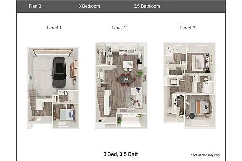 Floor plan 3 Bedroom, 3.5 Bath Townhouse Plan 3