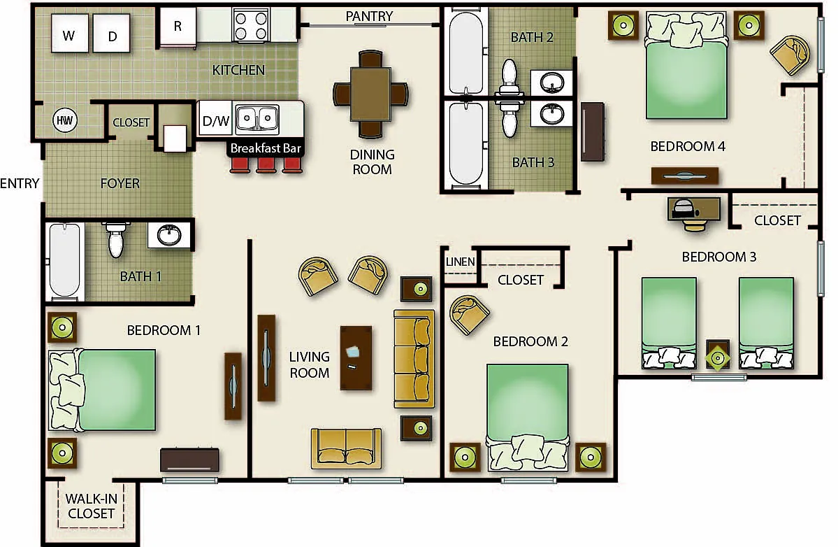 Floor plan Four Bedroom Three Bath - Pointe (b)