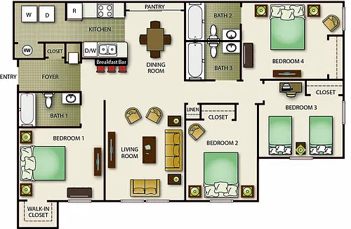 Floor plan Four Bedroom Three Bath - Pointe (b)