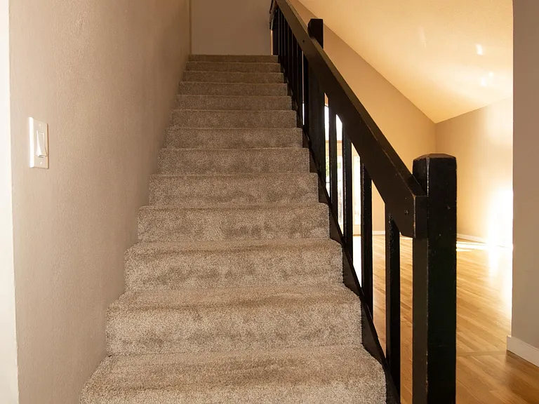 Stairs to upper level start near the front door.