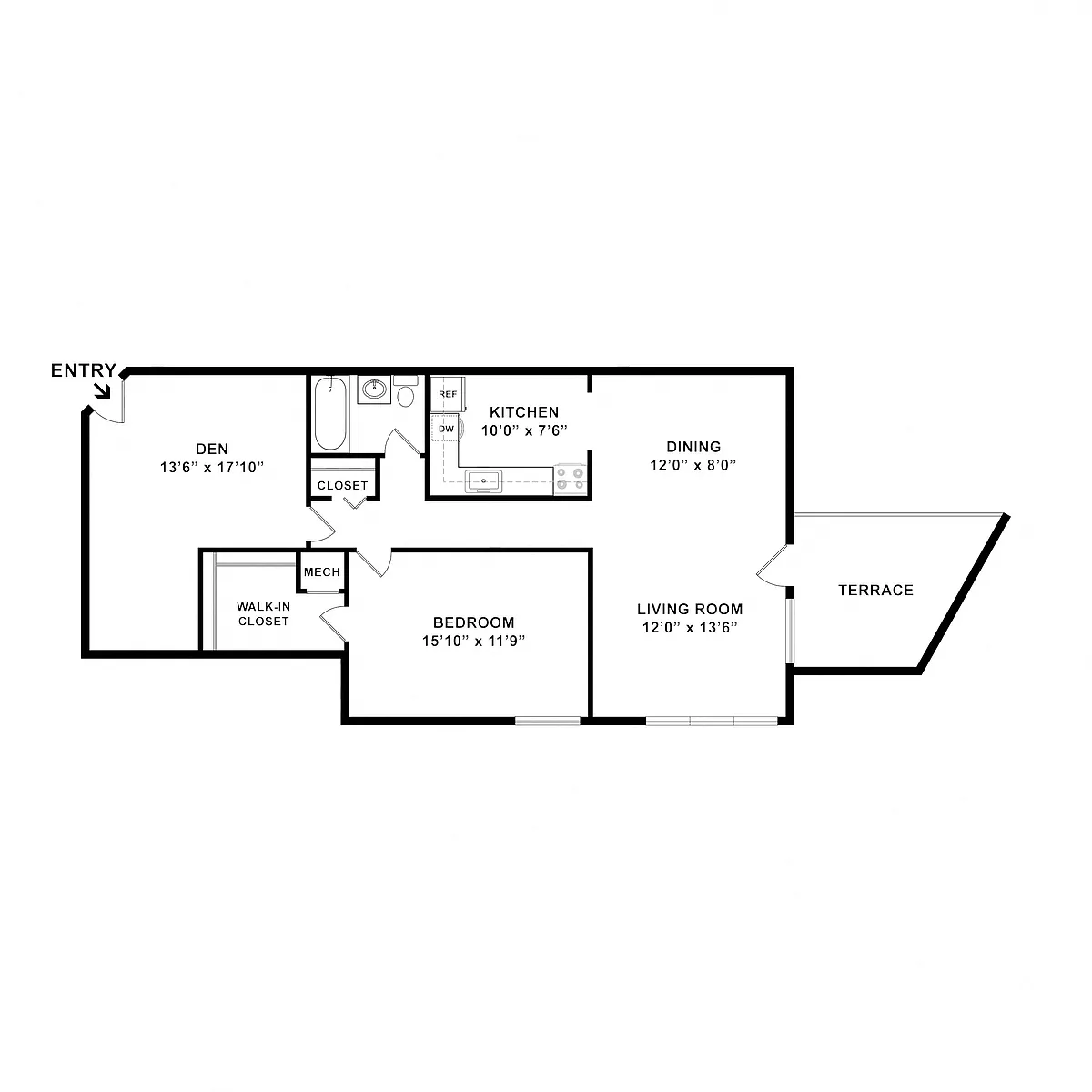 Floor plan 1 BDRM 1 BATH & DEN