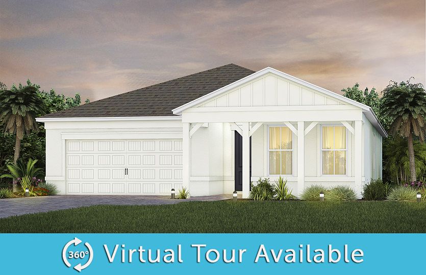 The Prestige, a one-story single family home with a 2 car garage, shown as home exterior CO3