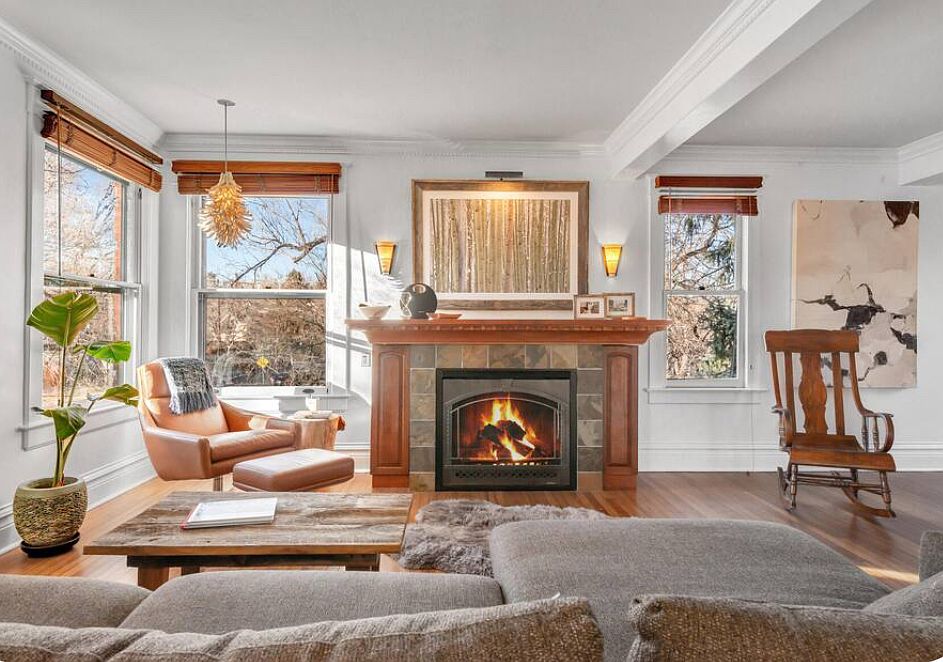 Cozy living room. There is now a Samsung television with option to display your choice of art.
