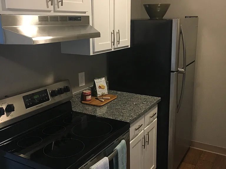 Updated kitchen with hardwood like flooring, stainless steel appliances, white cabinets, and grey granite countertops.