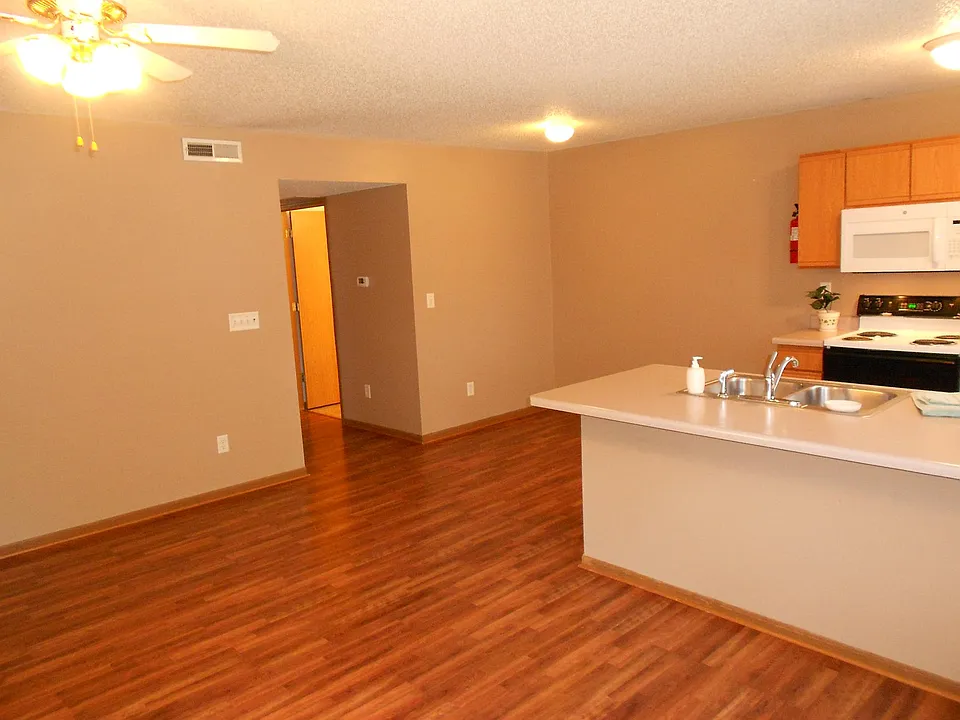 Entry viewing living room and kitchen