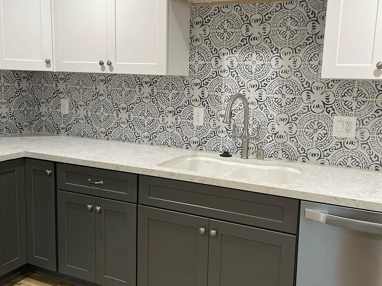 Beautiful backsplash tile, new Kohler cast iron sink with new garbage disposal.