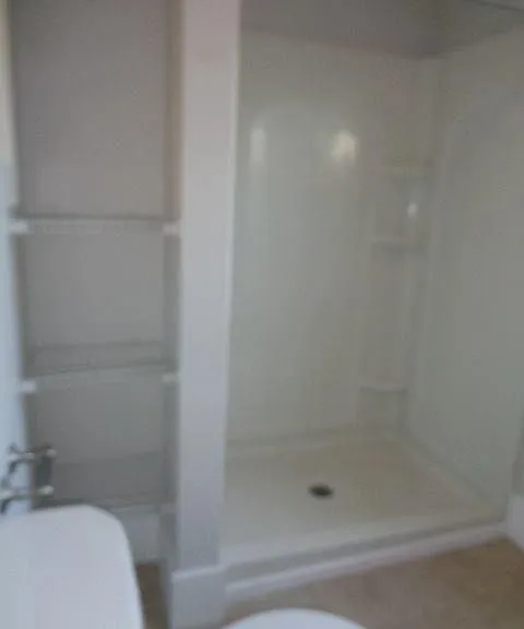 Bathroom 1 - contains walk-in shower, toilet, vanity with sink, closet with shelves, , and additional storage shelves, shown here.