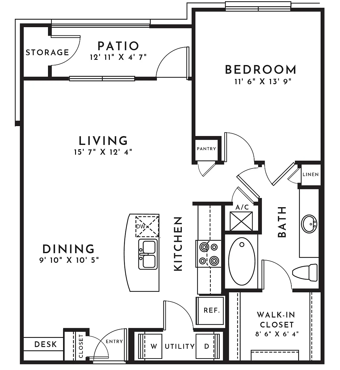 Floor plan 1BR 1BA (816 SF)