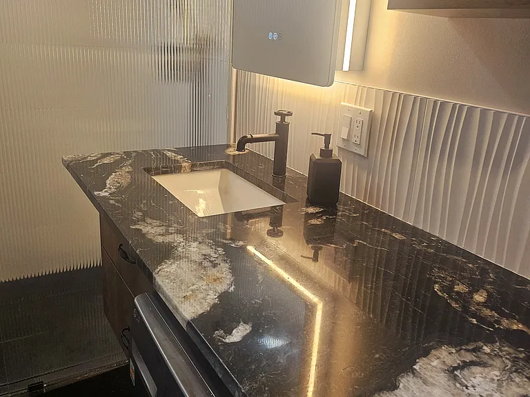 Modern bathroom with walk-in shower and heated toilet