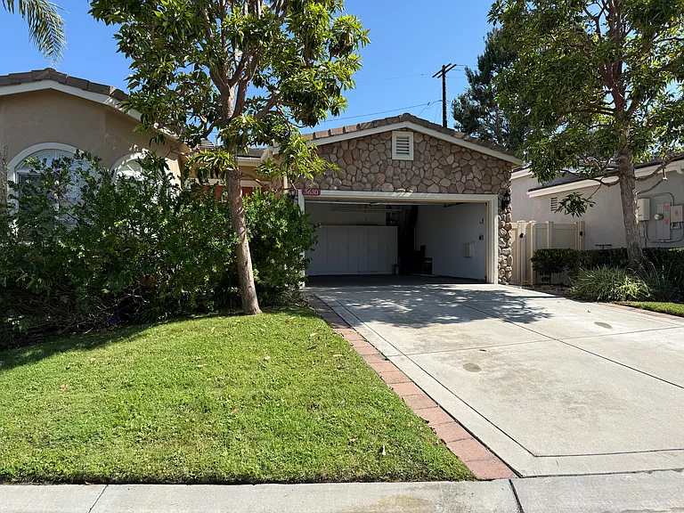 front yard, two-car garage