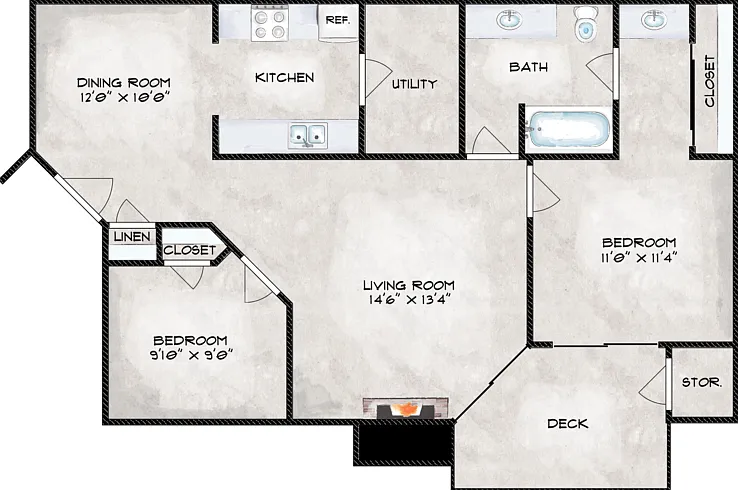Two Bedroom One Bath Floorplan Diagram