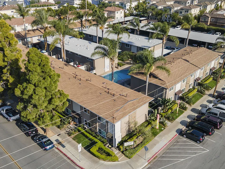Aerial view of Olive Tree Townhomes in Costa Mesa, CA