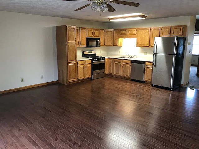 Kitchen, dining, living area