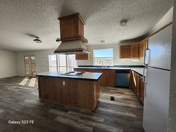 Kitchen view. Stove counter, Refrigerator (right), Dishwasher (center), sink and faucet (center) counter.