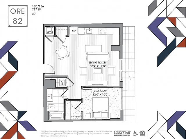 Floor plan One Bedroom One Bath (737 SF)