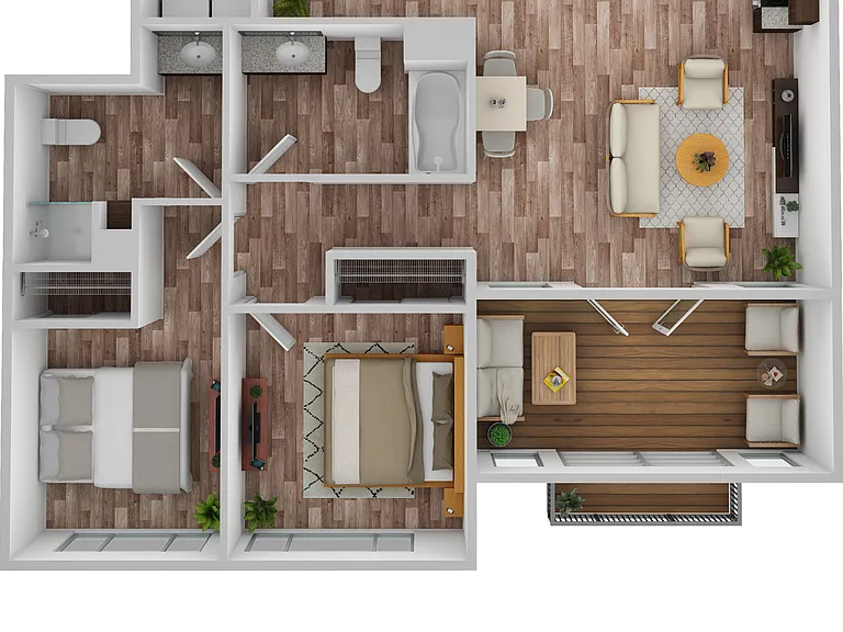 3D Floor Plan Rendering of the Lafayette Two-Bedroom, Two-Bathroom Layout. 1,127 square feet 3D Floor Plan Rendering of the Lafayette Two-Bedroom, Two-Bathroom Layout. 1,127 square feet