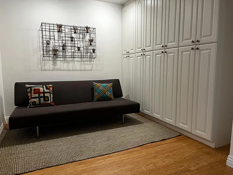 Open den with plenty of storage. Room & Board couch turns into a bed for guests. Or the den can be used as a work from home space.