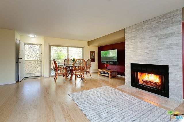 Open living room with fireplace