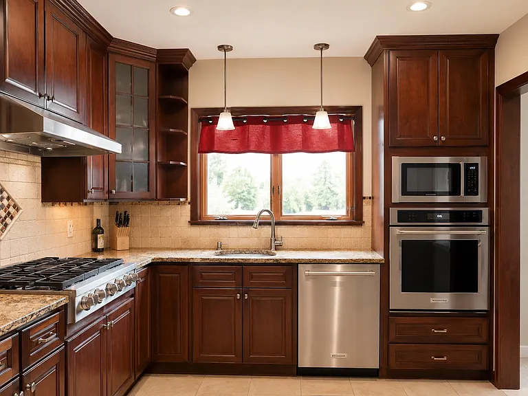 Timeless kitchen with stainless steel steel appliances and cherry wooden cabinets. Plenty of storage space